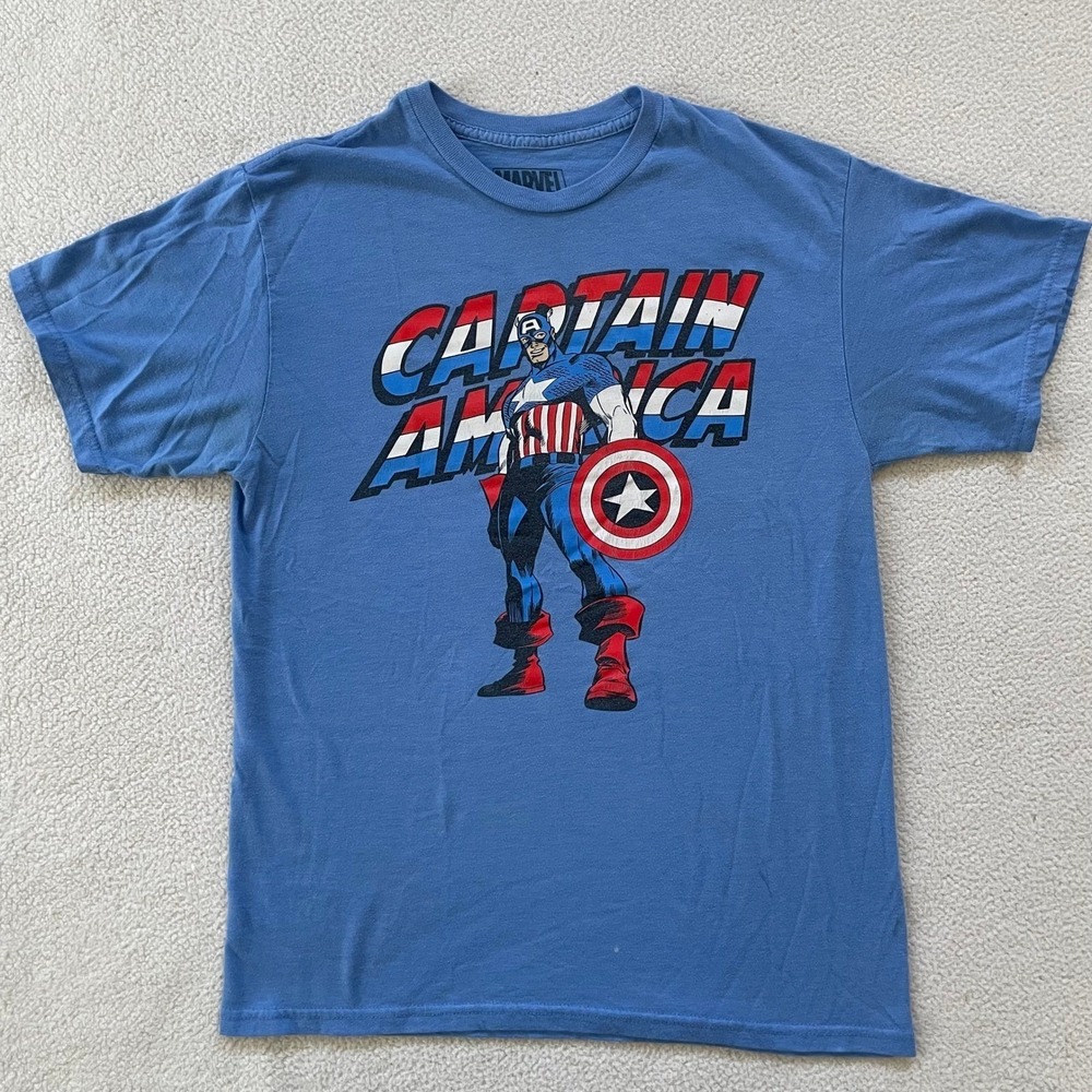 Marvel Mens Medium Captain America‎ T-Shirt Blue Graphic Short Sleeve Tee Retro